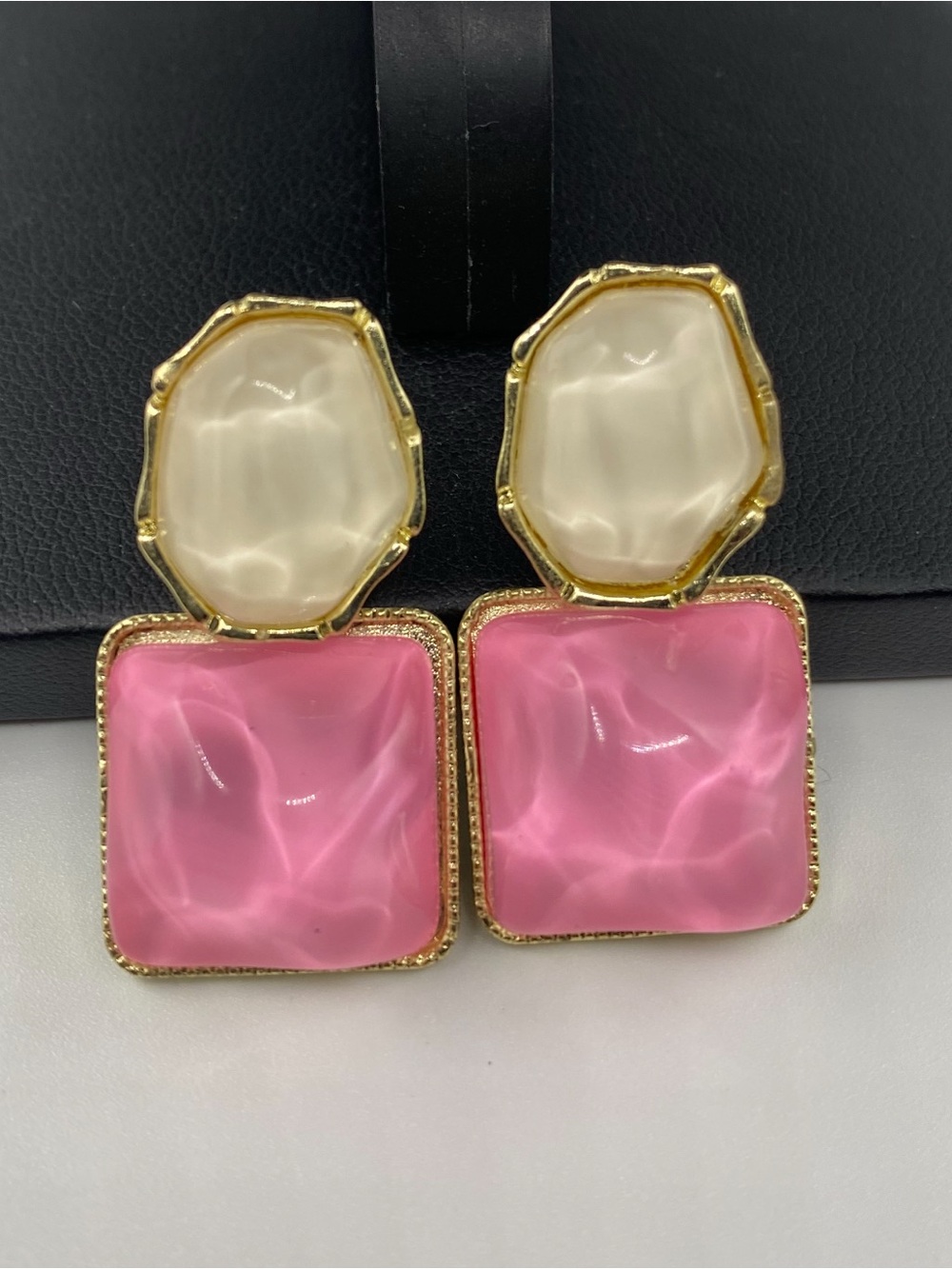 Gold-Trim Pink & Cream Square Drop Earrings